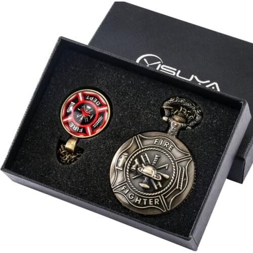 Retro Bronze Firefighter Control Quartz Pocket Watch Gift Set Red Fire fighter Pendant Necklace Retro Watch Chain Men Women Gift