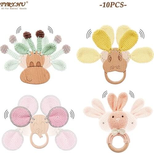 TYRY.HU 10Pcs/lot BPA-Free Wooden Ring Baby Cartoon Cute Rattle Type Teether Teething Care Molar Toys Pacifier Chain Accessories