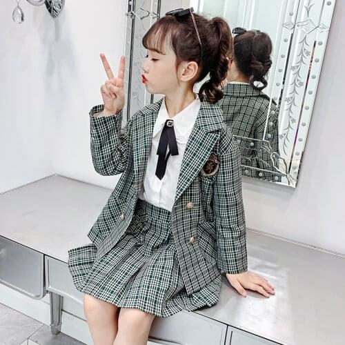 Kids clothes Suit Girls Clothes Spring Green Plaid Jacket Pleated Skirt Teen Girl Clothing Set 10 12 School Tracksuit Outfits