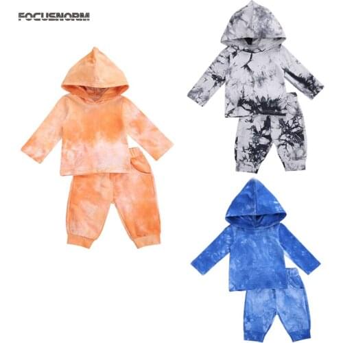 FOCUSNORM 0-3Y Baby Boys Clothes Sets Tie-Dye Printed Long Sleeve Pullover Hoodies Tops Pants 3 Colors