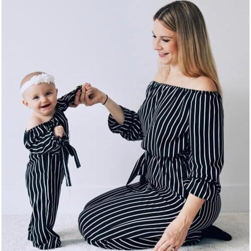 Family Matching Clothes Mother Daughter Mom Women Girls Striped Cotton Spring Long Sleeve Romper Black Casual Jumpsuit Outfits