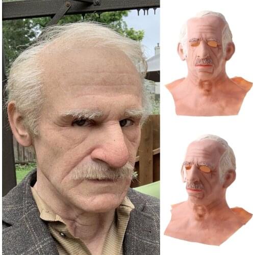 85LB Halloween Elder Men Latex Full Head Mask Headgear with Long Neck Hair Wig Beard Masquerade Cosplay Costume Party Props