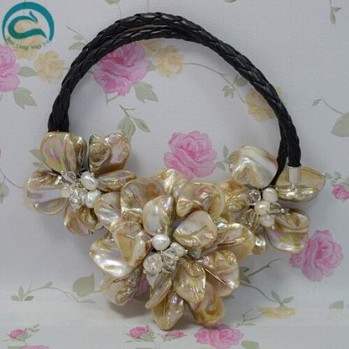 LuckJewelry Store White Crystal Shell Flower Genuine Freshwater Pearl Black Real Leather Necklace Wedding Birthday Women Gift