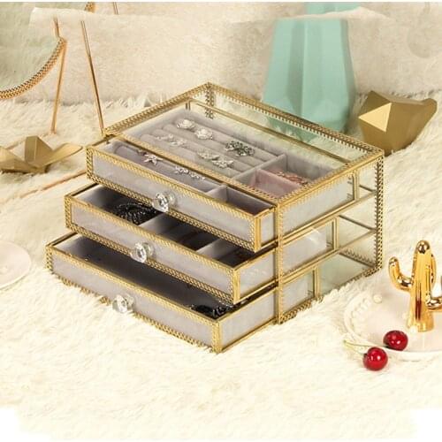 Multifunctional Velvet Glass Jewelry Box Drawer Storage Organizer Display Tray for Rings Earrings Necklaces Bracelets Gift Case