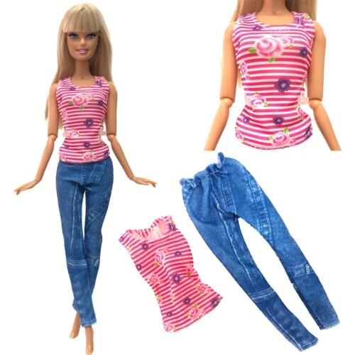 NK Newest Doll Fashion Clothing Long Jeans Trousers Casual Red Striped Flower Vest For Barbie Doll Accessories Gift 266A 3X