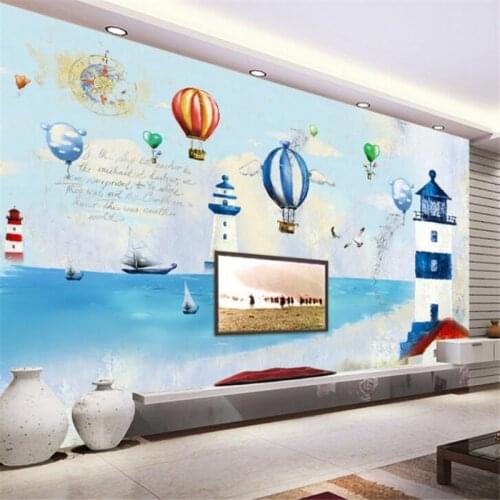 Mural Custom wallpaper Hot Air Balloon Lighthouse Sea Landscape Oil Painting TV Background Wall wall paper 3d behang
