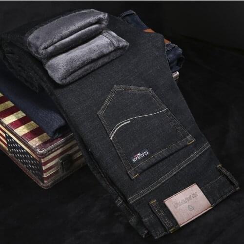 2021 Autumn Winter New Brand Fit Straight Jeans Classic Style Embroidery Business Casual Young Mens Fleece Thick Warm Jeans
