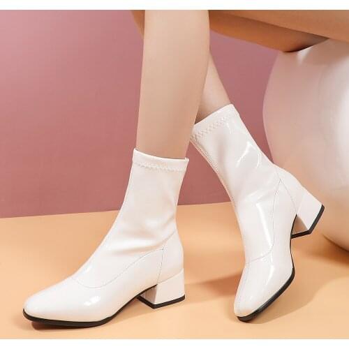 Solid white Ankle Boots Autumn Square Mid Heels Female Square toe PU Leather Boots Ladies Casual Slip on Women Shoes Woman Boots