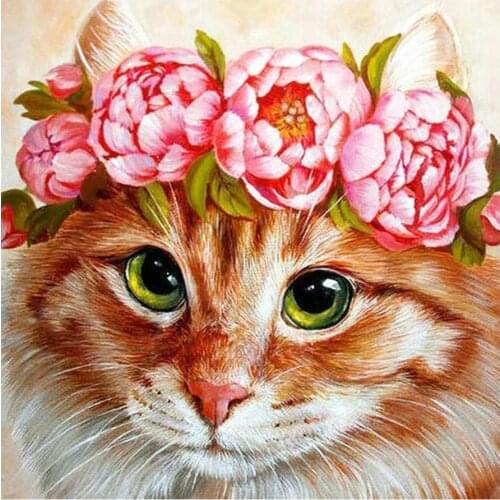 Orange Cat With Flower Wreath Diamond Painting Round Full Drill DIY Mosaic Embroidery 5D Cross Stitch Floral Cartoon Animal