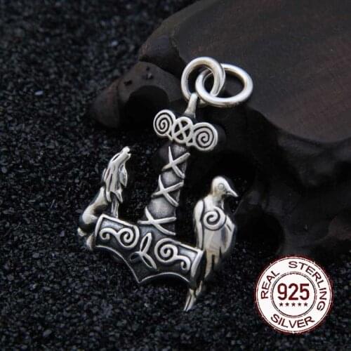 925 Sterling Silver Viking wolf and raven thors hammer pendant necklace with real leather and keel chain