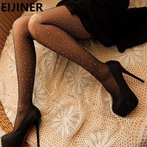 Sexy Fishnet Stockings Crystal Diamond Tights Pantyhose Women Silver Silk Black Seamless Sheer Pantyhose Designer Stockings