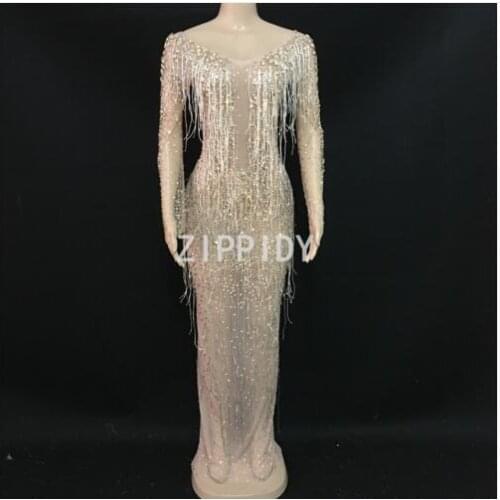 Birthday Celebrate Dress Costume Nightclub Dance Outfit Dress Flashing Gold Rhinestones Tassel See Through Mesh Dress Womens