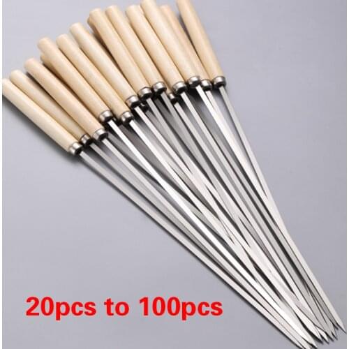 Flat Barbecue Stick BBQ Roasting Needle with Wooden Handle Kebabe Skewers Stainless Steel Roasting Tools rotisserie long skewers