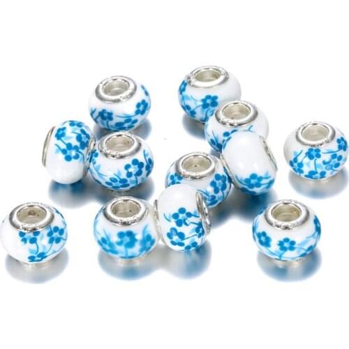 10Pcs 16mm Big Round Rondelle Murano Glass Spacer Charms Clip Beads Big Hole Silver Plated Core Fit Pandora Bracelet DIY Jewelry