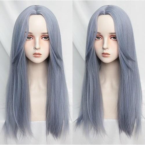 Gray Blue Mixed Purple Kawaii Lolita Wig Harajuku Cool Long Straight Middle Part Hair Adult Chic Girls Women Cosplay Daily Wear