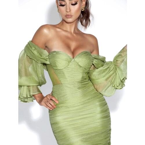 High Quality 2021 Summer New Style Sexy One-shoulder Mesh Stitching Dress Solid Color Folds Ruffles Party Dresses for Women
