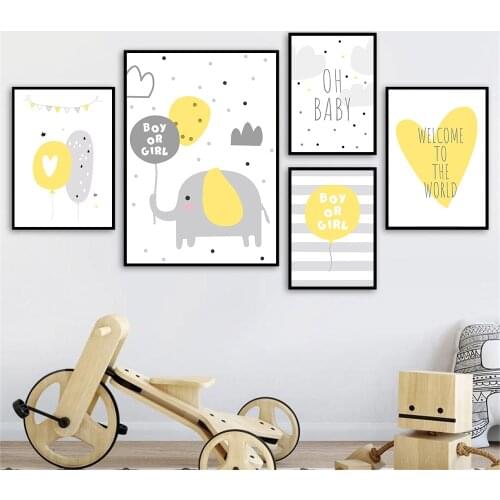 Yellow Heart Balloon Canvas Painting Cloud Elephant Poster Nursery Art Print Quotes Posters Nordic Wall Pictures Baby Room Decor