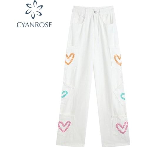 Vintage Jeans Women High Waist 2021 Autumn Streetwear White Harajuku Heart Print Loose Wide Leg Jeans Fashion Casual Y2k Pants