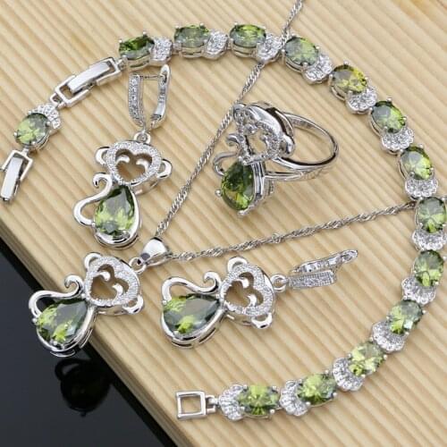 925 Sterling Silver Bridal Jewelry Sets Gemstone Olive Green Topaz Monkey Jewelry for Women Bracelet Kit Earrings and Ring