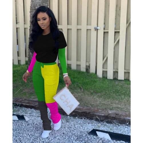 Patchwork 2 Pieces Casual Tracksuit Womens Long Sleeve Trouser Suit Contrast Color O-Collar Sports Outfit Autumn Clothes Set