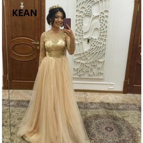 Gold Evening Dress Scoop Full Sleeve Appliques vestidos Islamic Dubai Kaftan Saudi Arabic Evening Gold Prom Dress Custom Made