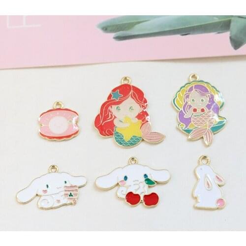10pcs Children Cute Animal Earrings Women Cartoon rabbit shell mermaid alloy pendant Kids diy jewelry keychain Accessories