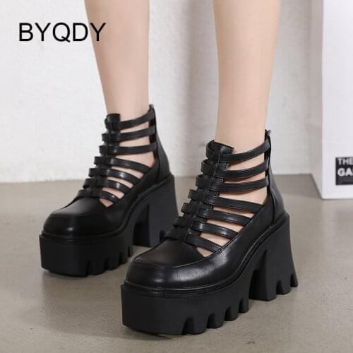 BYQDY On Sale Spring Autumn Platform Block Heel Ankle Boots Hollow Out Punk Shoes Gothic Black Boots High Quality Rubber Sole