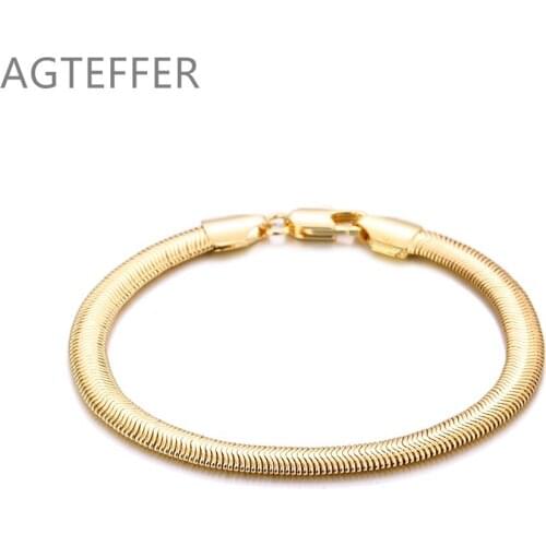 AGTEFFER 925 Sterling Silver 18K Gold 6mm Snake Bone Chain Bracelet For Women Wedding Engagement Party Fashion Jewelry