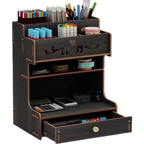Wooden Pen Holder with Drawer Multi-Functional Desktop Stationary Pencil Box Home Office Art Supplies Organizer Rack 20CB