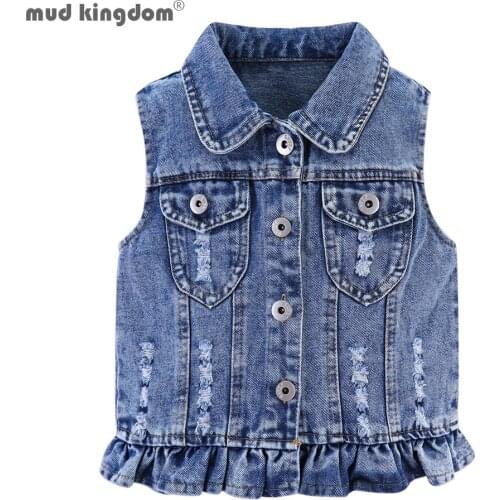 Mudkingdom Cute Girls Denim Vest Jacket Sparkle Ruffle Sleeveless Jean Outerwear Spring Novelty Clothes for Children