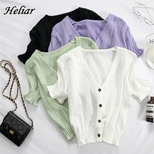 HELIAR T-shirts Women Purple V-Neck Button Up Tees Short Sleeve Casual Knitted Cadigans Crop Tees For Women 2021 Summer