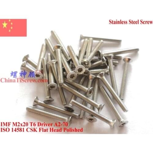 Stainless Steel Screws M2x20 ISO 14581 Flat Head Torx T6 Drive A2-70 Polished 100 pcs