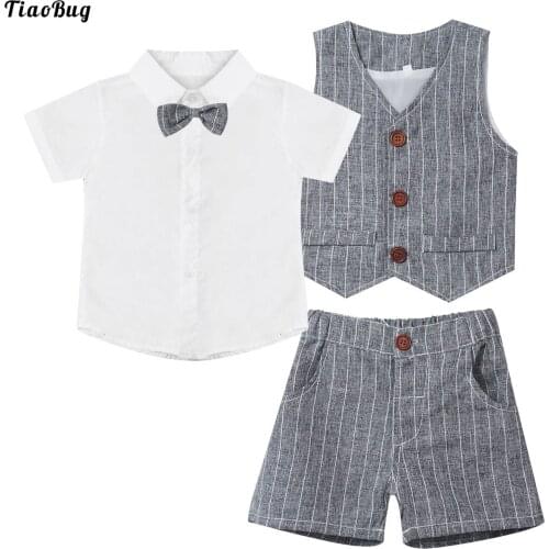 3Pcs Kids Boys Gentleman Outfit Set Short Sleeve Lapel Bow Tie Solid Shirt Button Down Lined Vest Elastic Waistband Shorts Suit