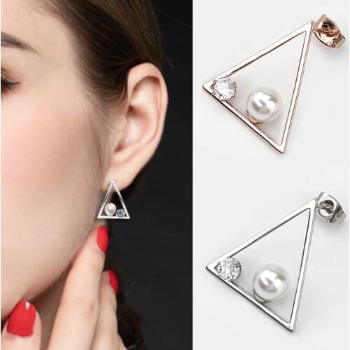 Korean Geometry Triangle Silver Stud Earrings crystal Pearl Earrings Zirconia Jewelry Stainless Steel Earrings Gift Female