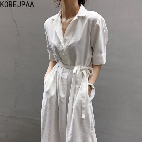 Korejpaa Women Dress 2021 Summer Korean Chic Ladies All-Match Lapel Single-Breasted Tie Waist Five-Point Sleeve Shirt Vestidos