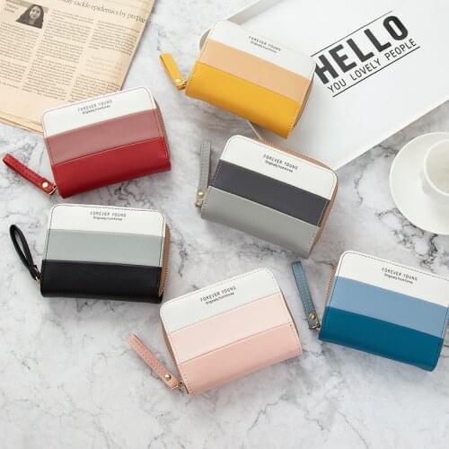 Short PU Leather Women Zipper Small Wallets Korean Stitching Female Girls Coin Purses Clutch Money ID Credit Card Holder