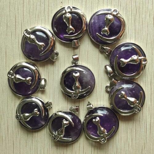 Fashion natural amethysts stone moon cat metal alloy charms pendule Pendants for DIY jewelry marking wholesale 10pcs/lot