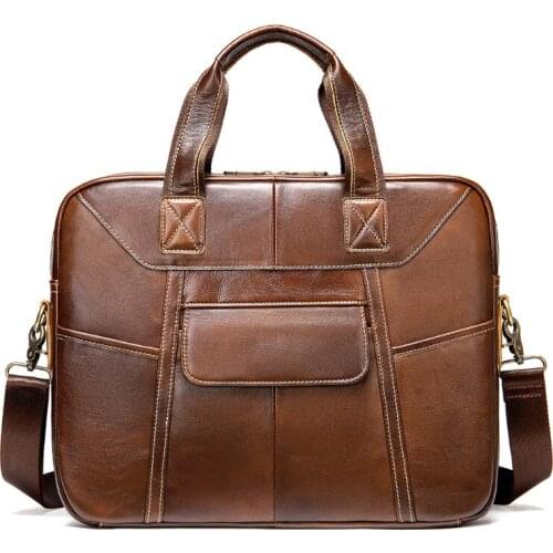 Mens leather hand-held top layer cowhide business computer official document one-shoulder diagonal bag zipper Solid Single