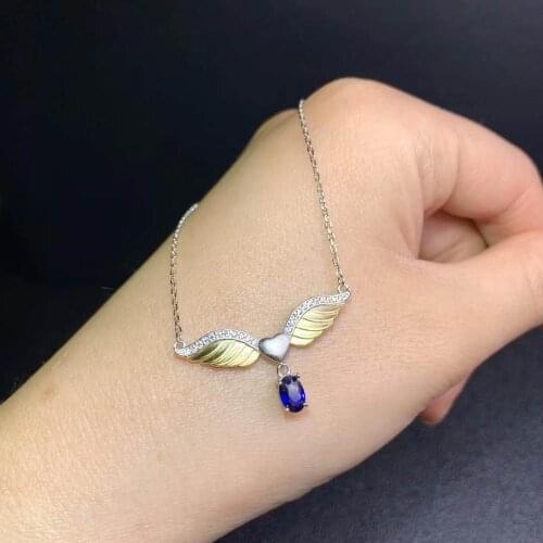 Natural sapphire necklace pendant Free shipping 925 sterling silver Fine jewelry