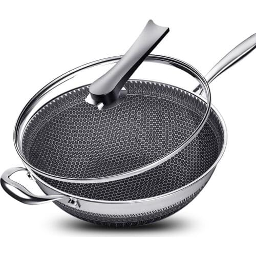 New Non-stick Frying Pans Double-Sided Screen Honeycomb Stainless Steel Wok Without Oil Smoke Frying Pan Wok PFOA-Free