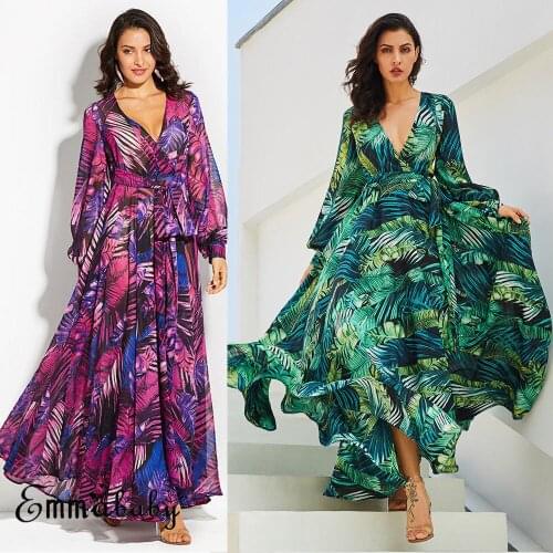 2019 Women New Floral Printed Long Maxi Dress Summer Beach Plus Size Holiday Green Dresses