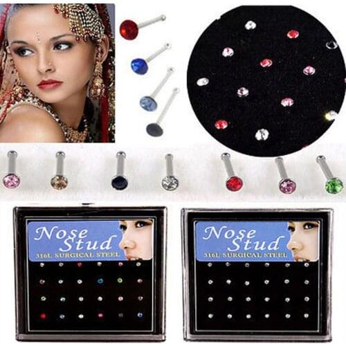 Rinhoo 24pcs Fashion Colorful Crystal Nose Ring & Studs Body Jewelry Women Girl Surgical Steel Nose Piercing Crystal Accessories
