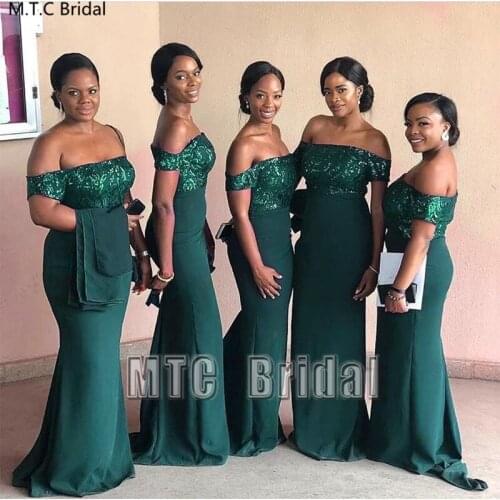 Off The Shoulder Dark Green Mermaid Bridesmaid Dresses Shiny Sequin Elastic Satin Plus Size Maid Of Honor Dress Long Formal Gown