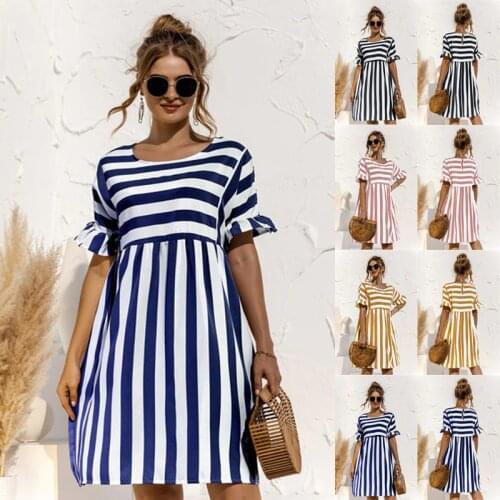 Loose dress women Summer Dress Cute Loose Striped Print Ruffles Sleeves Dresses Patchwork Beach Female Dress Vestidos