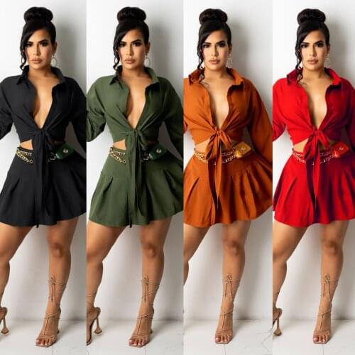 Casual Women Skirt Two Piece Set Shirt And Pleated Dress Solid Color Streetwear Party Night Clubwear Clothes For Women Outfit