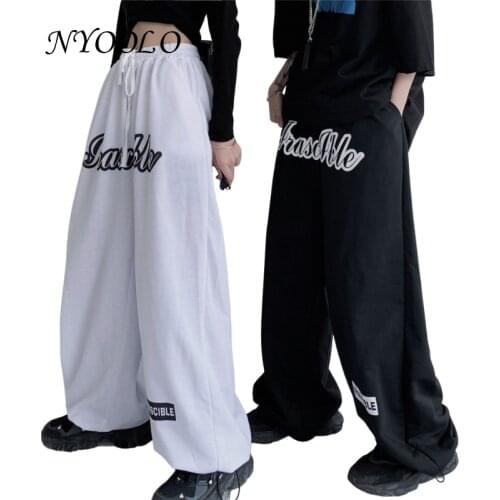 NYOOLO Casual Streetwear Elastic High Waist Letters Print Wide Leg Pants Women Men Vintage Hip Hop Boyfriend Baggy Trousers