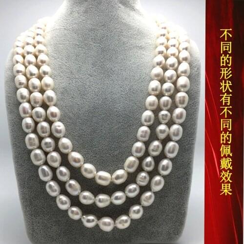 Hand knotted 9-10 mm white rice pearl sweater chain long 155cm necklace fashion jewelry