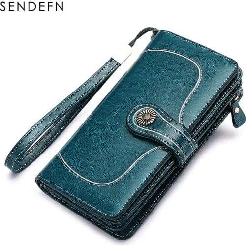 SENDEFN fashion new oil wax leather ladies large-capacity leather wallet Europe and the United States long womens bills folder