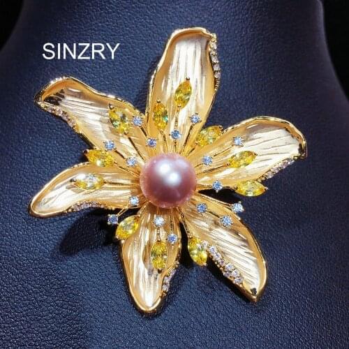SINZRY new cubic zircon natural freshwater pearl flower sweater brooches pin creative sweater jewelry accessory for female