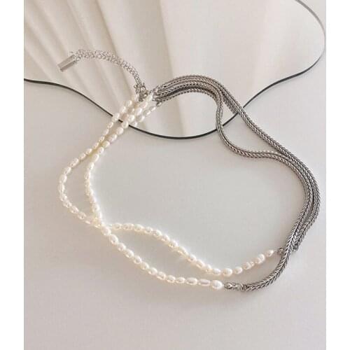 SRCOI New Trendy Freshwater Pearl Metal Braided Link Chain Simple Temperament Long Necklace Women Party Jewelry Gifts 202105